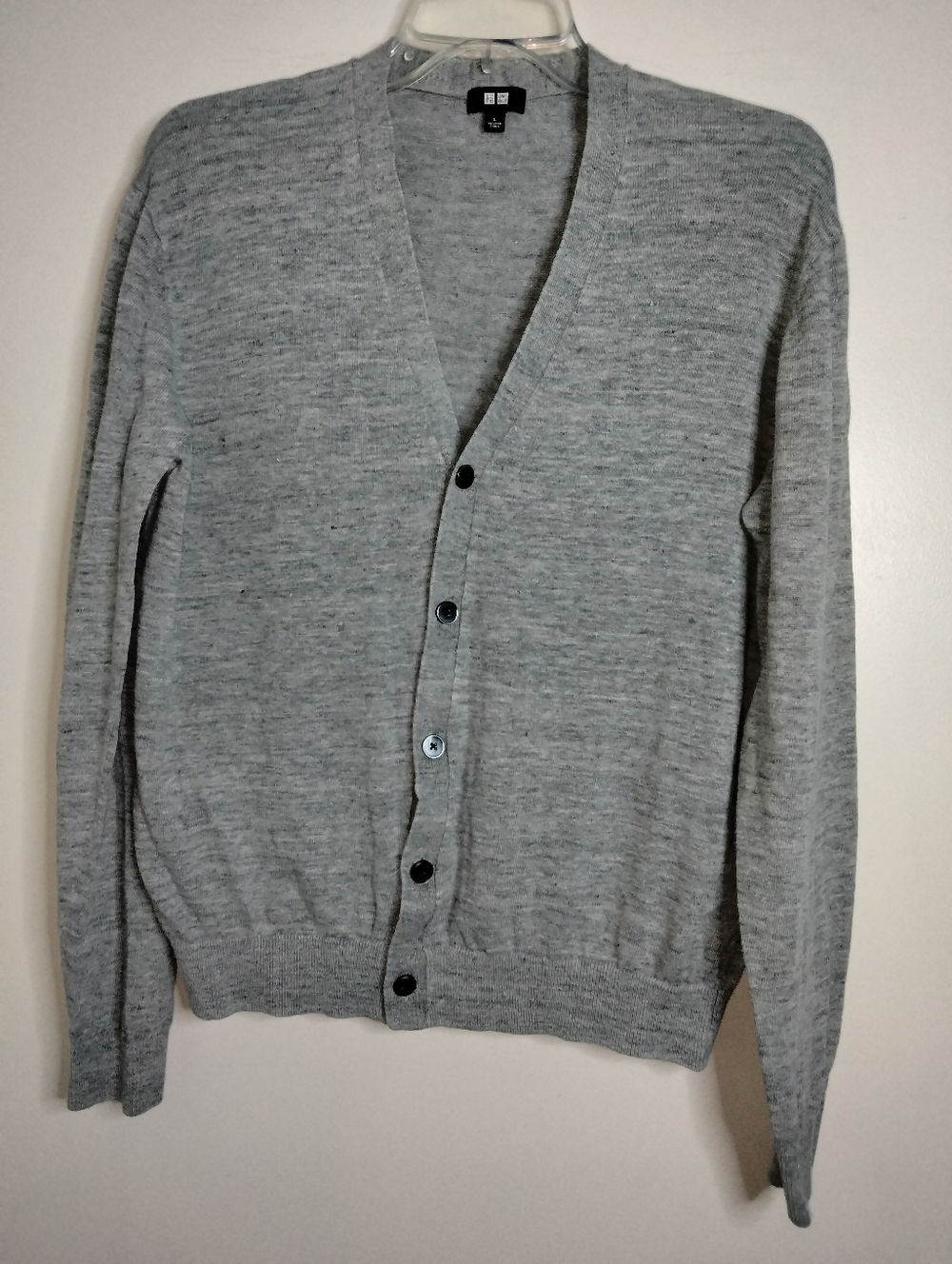 UNIQLO (Size L) Men's Heather Gray Linen Blend V-Neck Button LS Cardigan Sweater